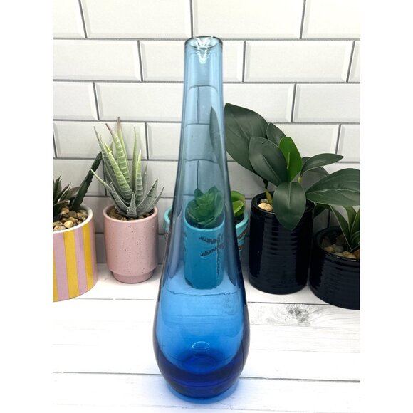 IKEA Blue Hand-Blown Art Glass Teardrop Vase With Curved Neck - Picture 3 of 9